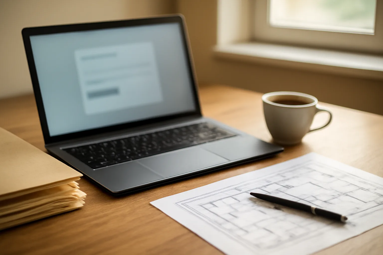 Desk scene with laptop and folders for an ABC license online application