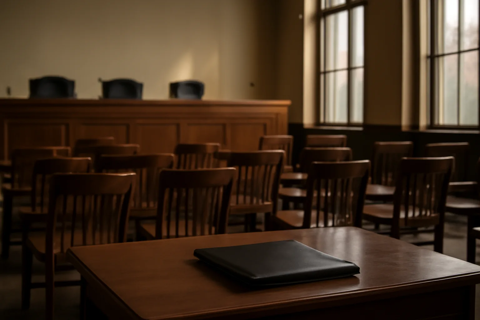 Empty administrative hearing room where liquor license protest cases are decided