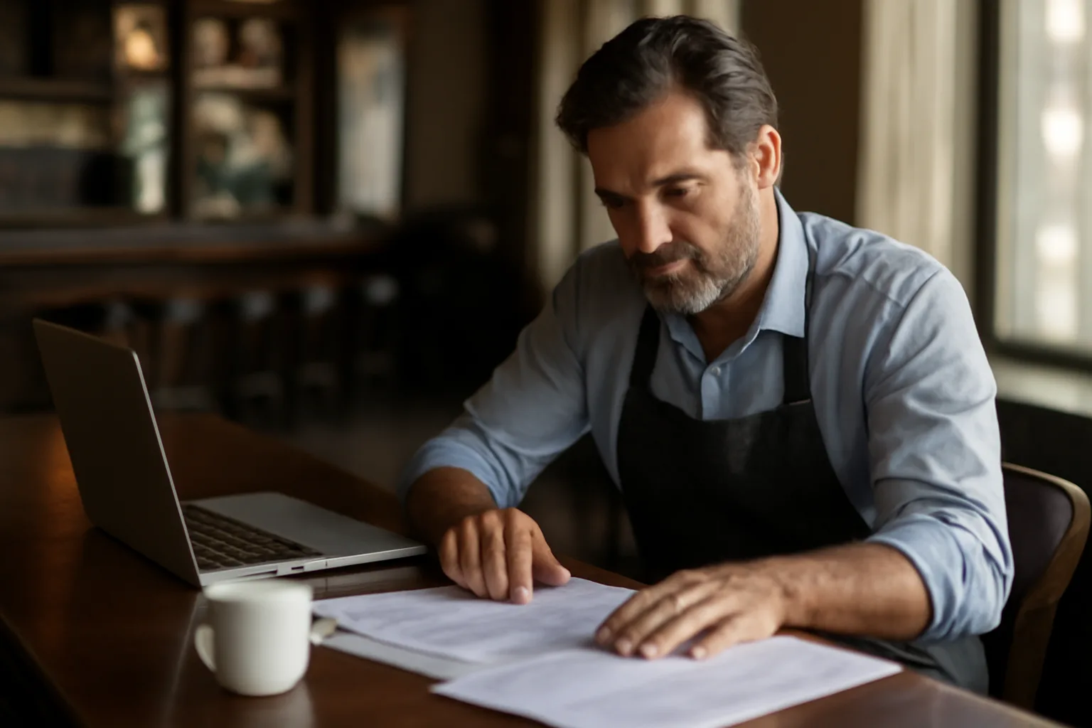 Restaurant owner reviewing alcohol license permit paperwork at an empty bar counter
