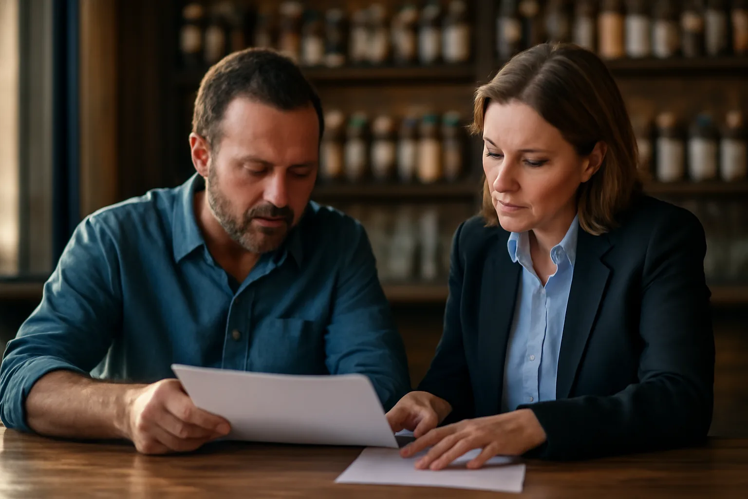 Restaurant owner and official reviewing an alcohol license application at a bar counter