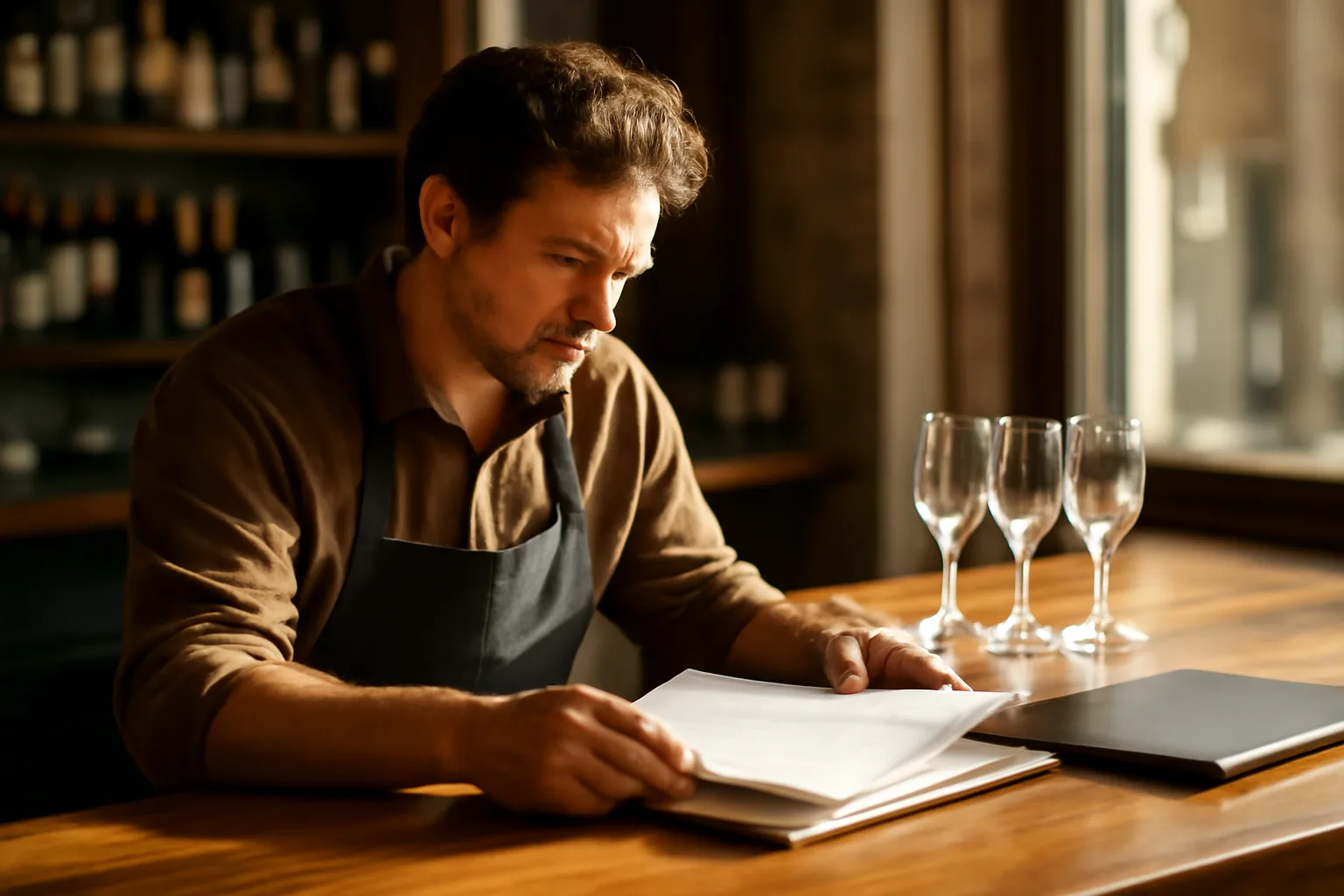Restaurant owner reviewing paperwork at bar counter while applying for a liquor license