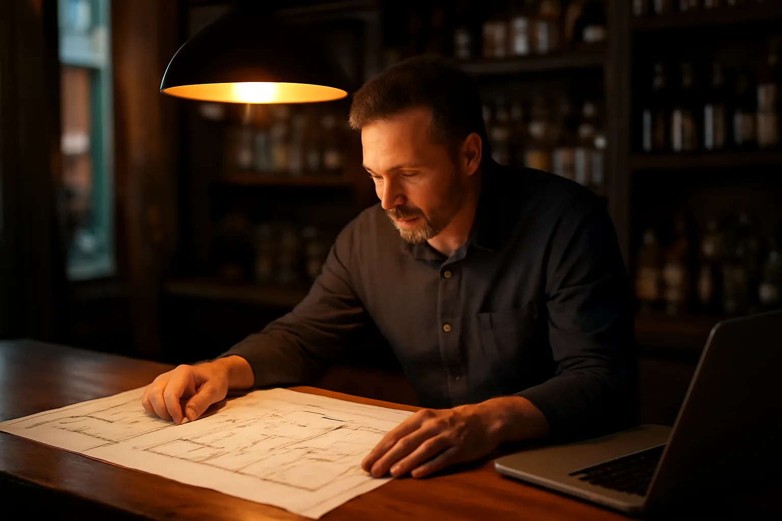 Bar owner reviewing floor plan documents at counter during liquor license application process