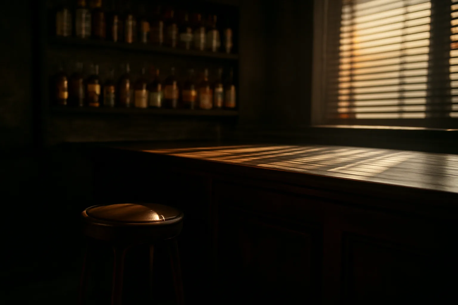 Empty bar counter with afternoon light, representing questions about getting a liquor license with a record