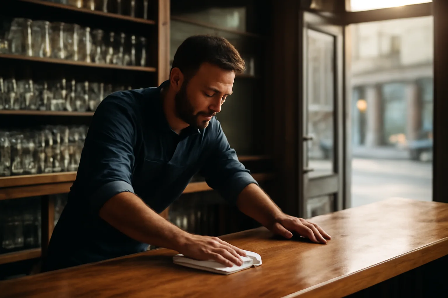Bartender preparing an empty bar before opening while checking bar license status