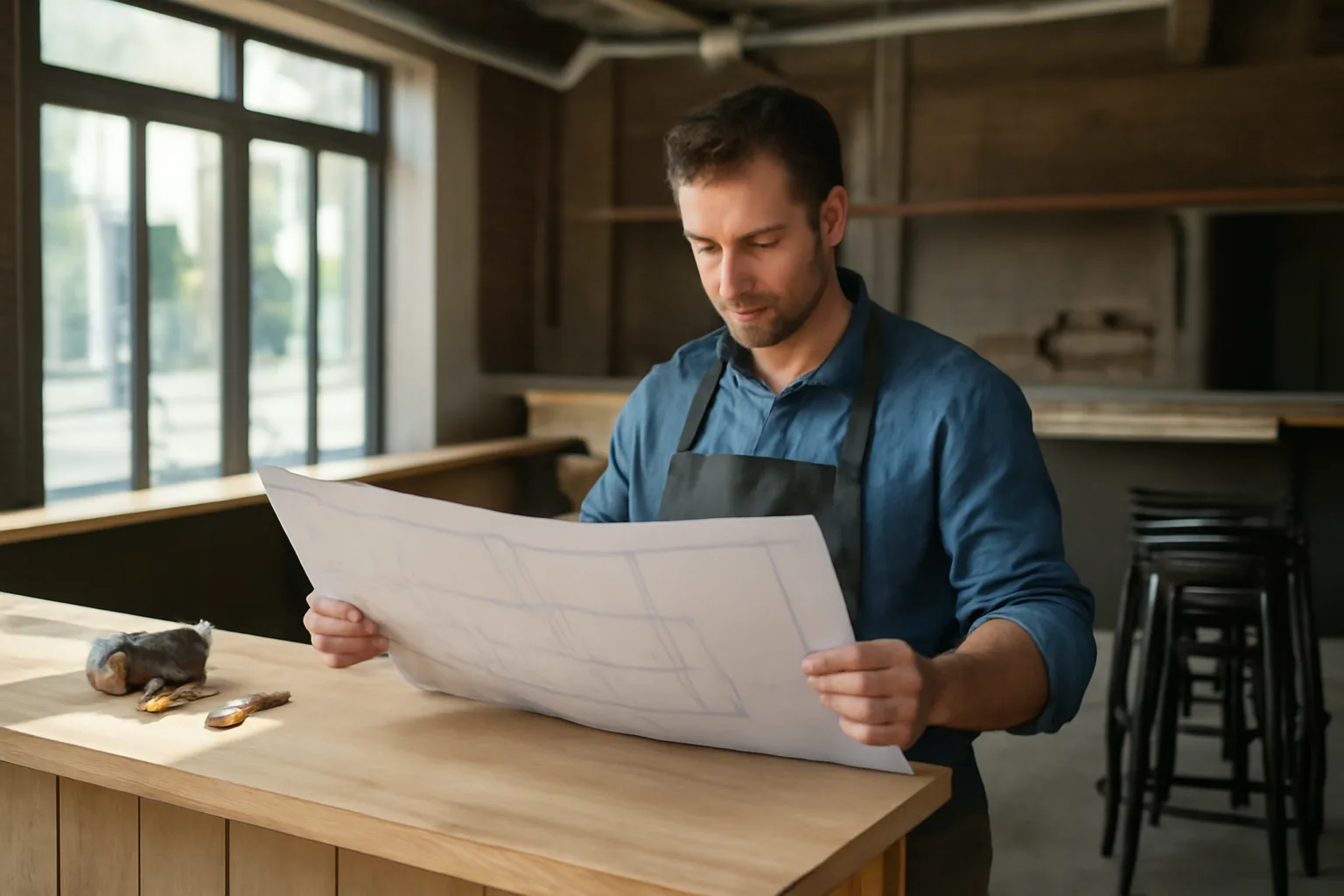 Restaurant owner reviewing floor plan at unfinished bar counter during liquor license process