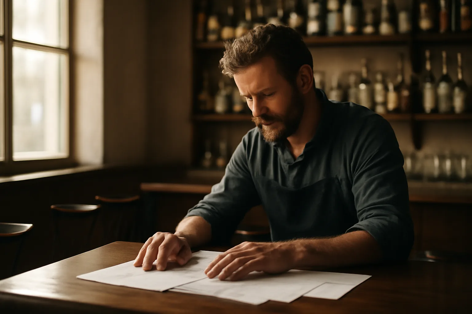 Restaurant owner reviewing liquor license paperwork at an empty bar counter