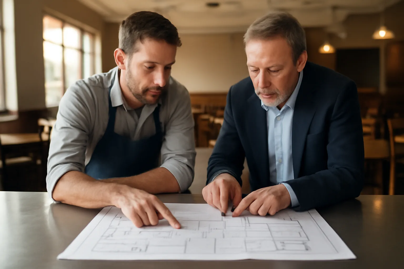 Restaurant owner and inspector reviewing floor plan for a liquor license application