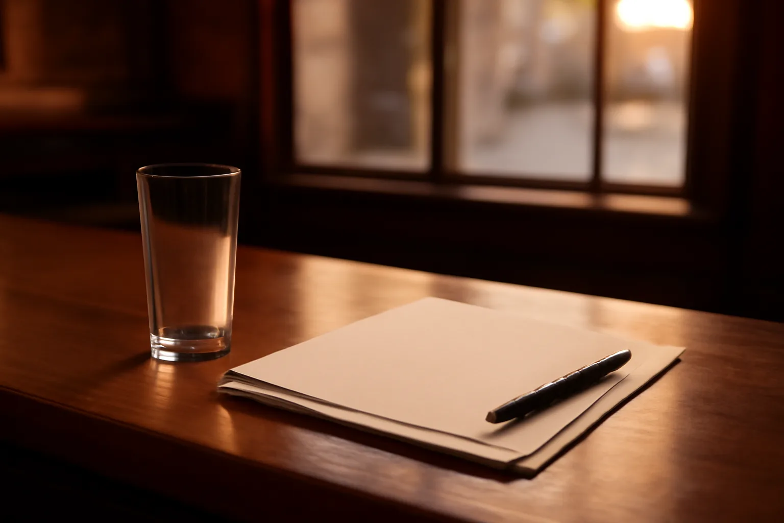 Bar counter with paperwork and pen, representing the liquor license application wait