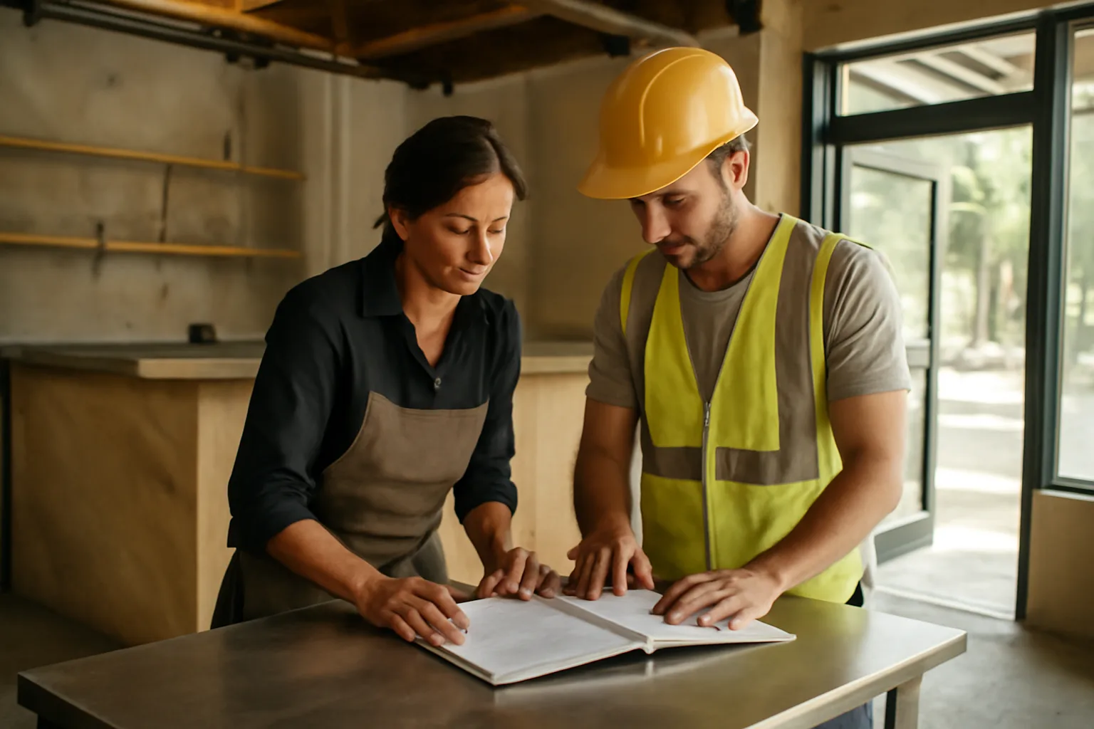 Restaurant owner reviewing license paperwork near an unfinished bar counter