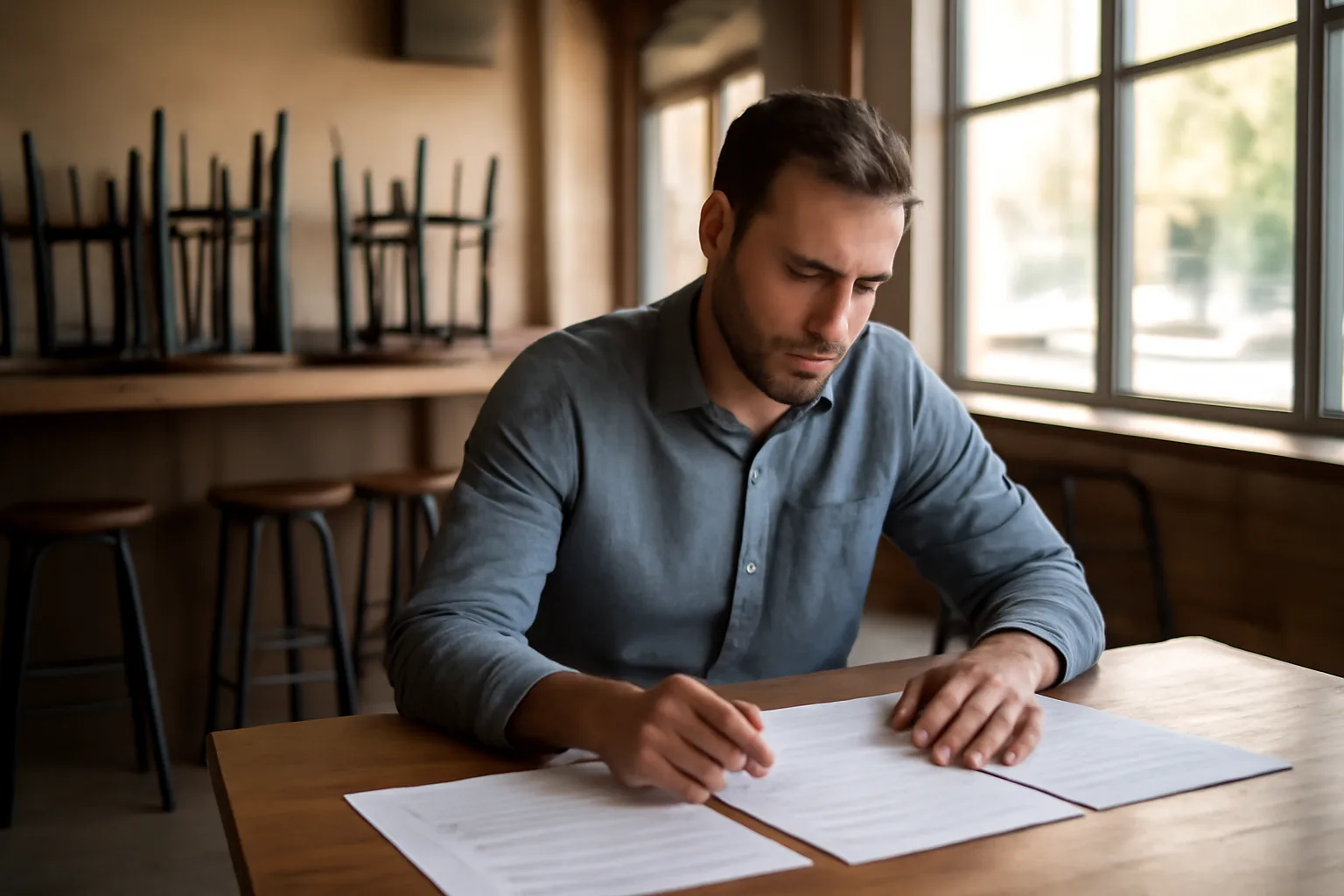 Restaurant owner reviewing documents at a table while planning a liquor license timeline