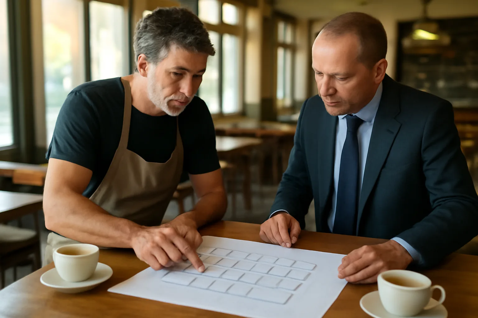 Restaurant owner and inspector reviewing floor plan during liquor license application process