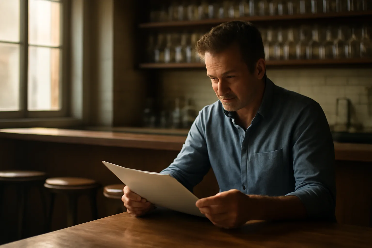 Restaurant owner reviewing paperwork at bar counter before opening