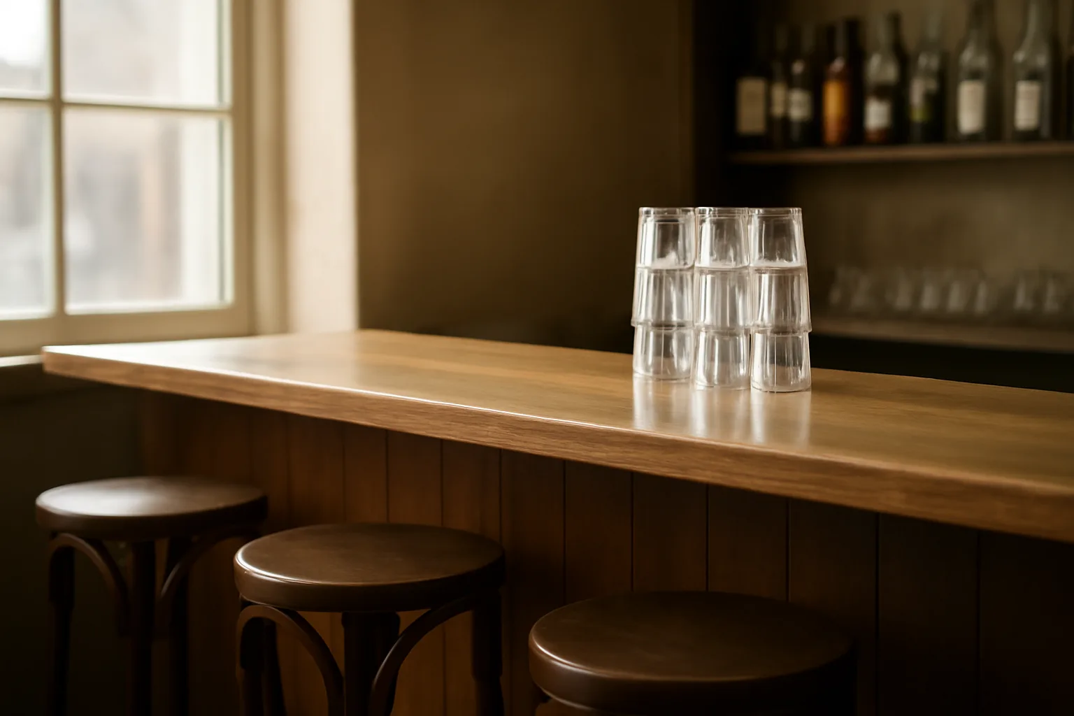 Empty bar counter with glassware in natural light before opening