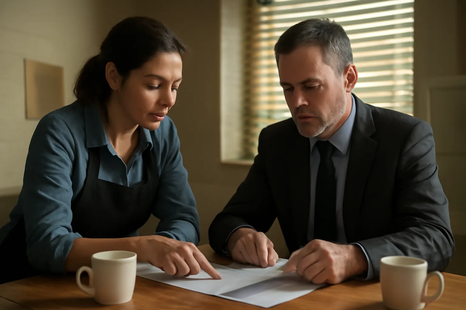 Restaurant owner discussing liquor license paperwork at a government office counter