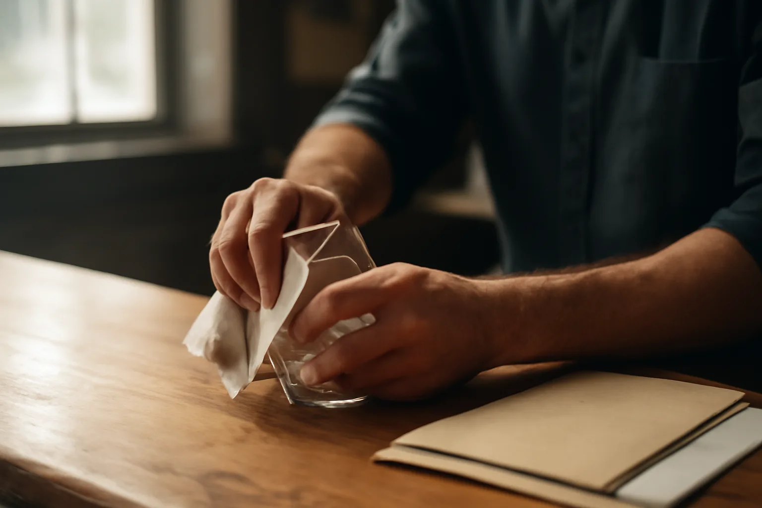 Bartender polishing glassware at a bar counter with license paperwork nearby