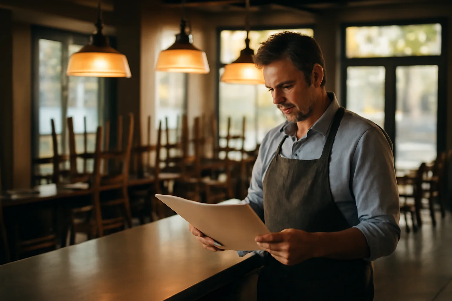 Restaurant owner reviewing application documents before opening day
