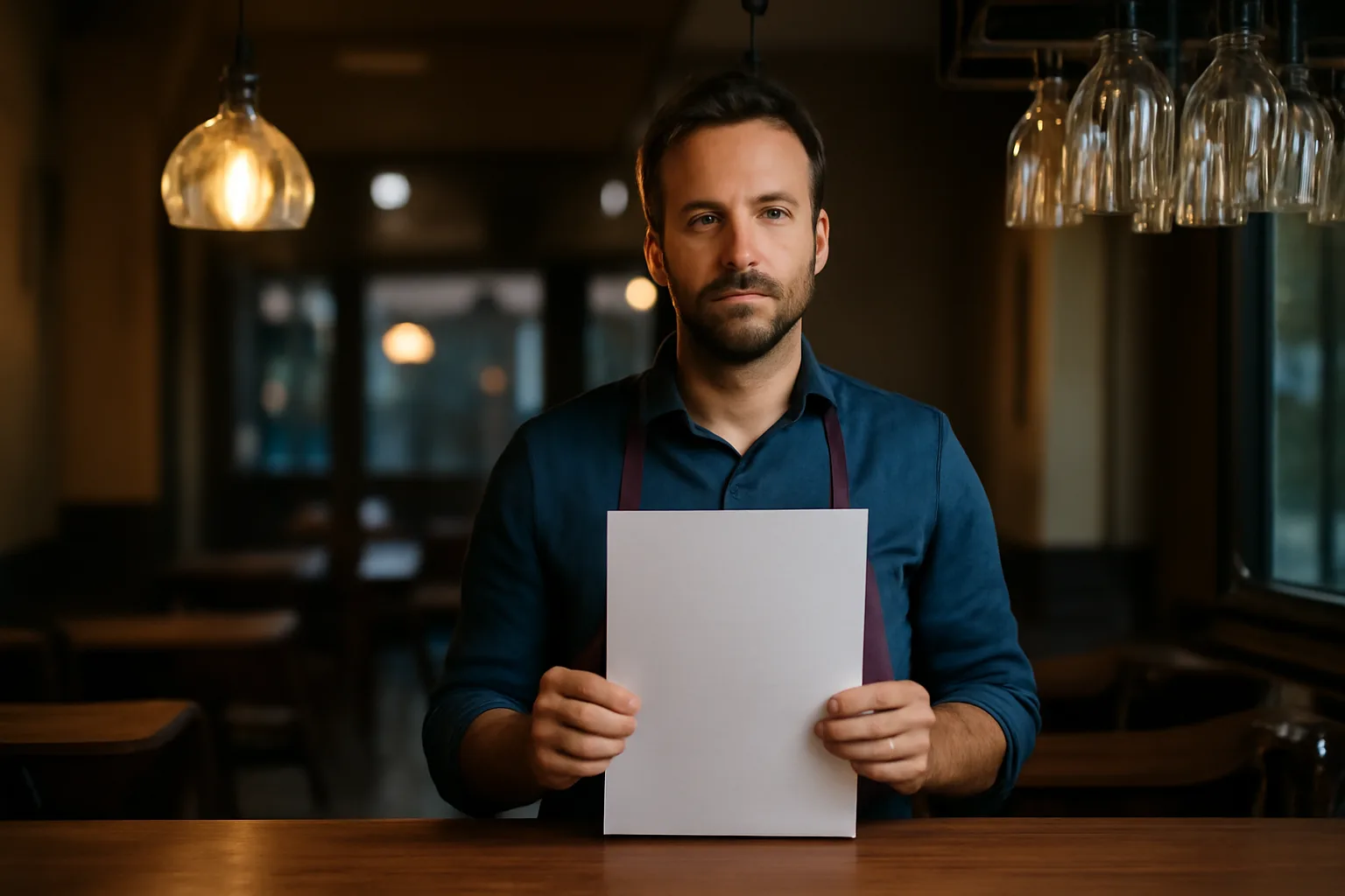 Restaurant owner behind an empty bar counter preparing to get a liquor license