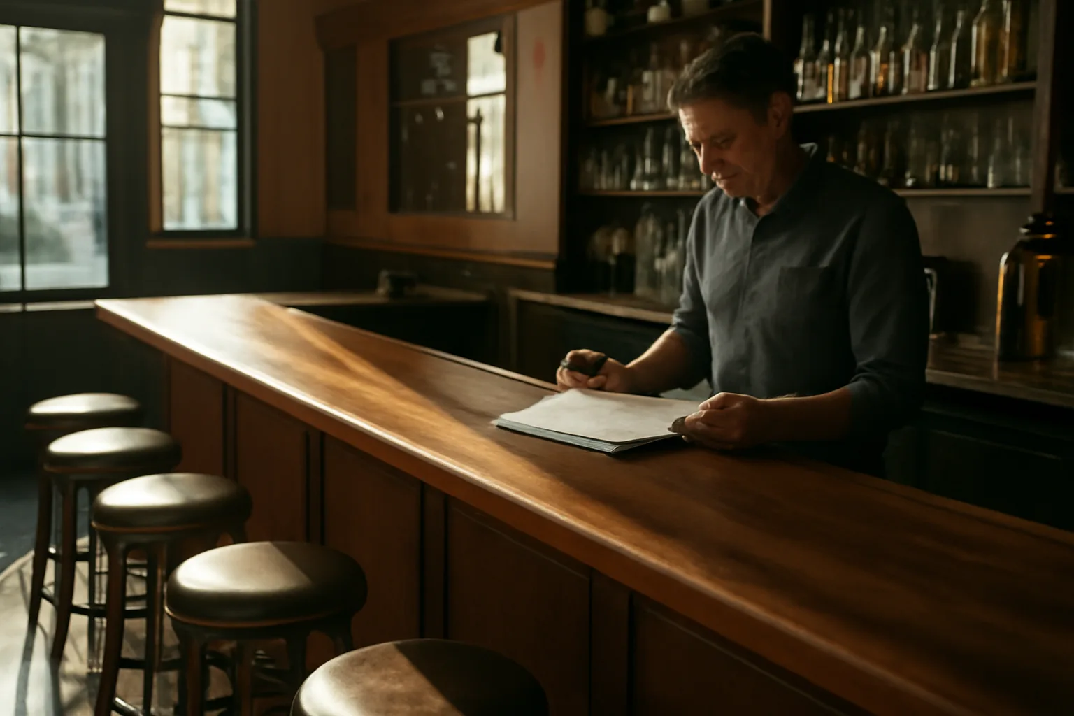 Bar owner reviewing floor plans in an empty bar before getting a liquor license