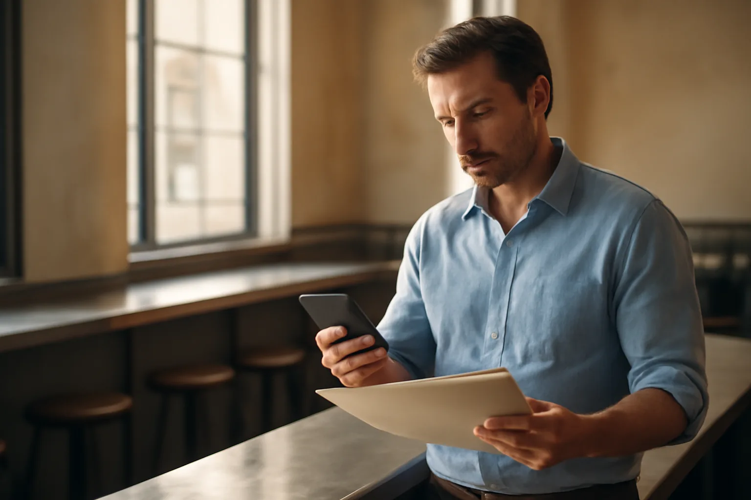 Restaurant owner checking ABC liquor license status by phone at an empty bar counter