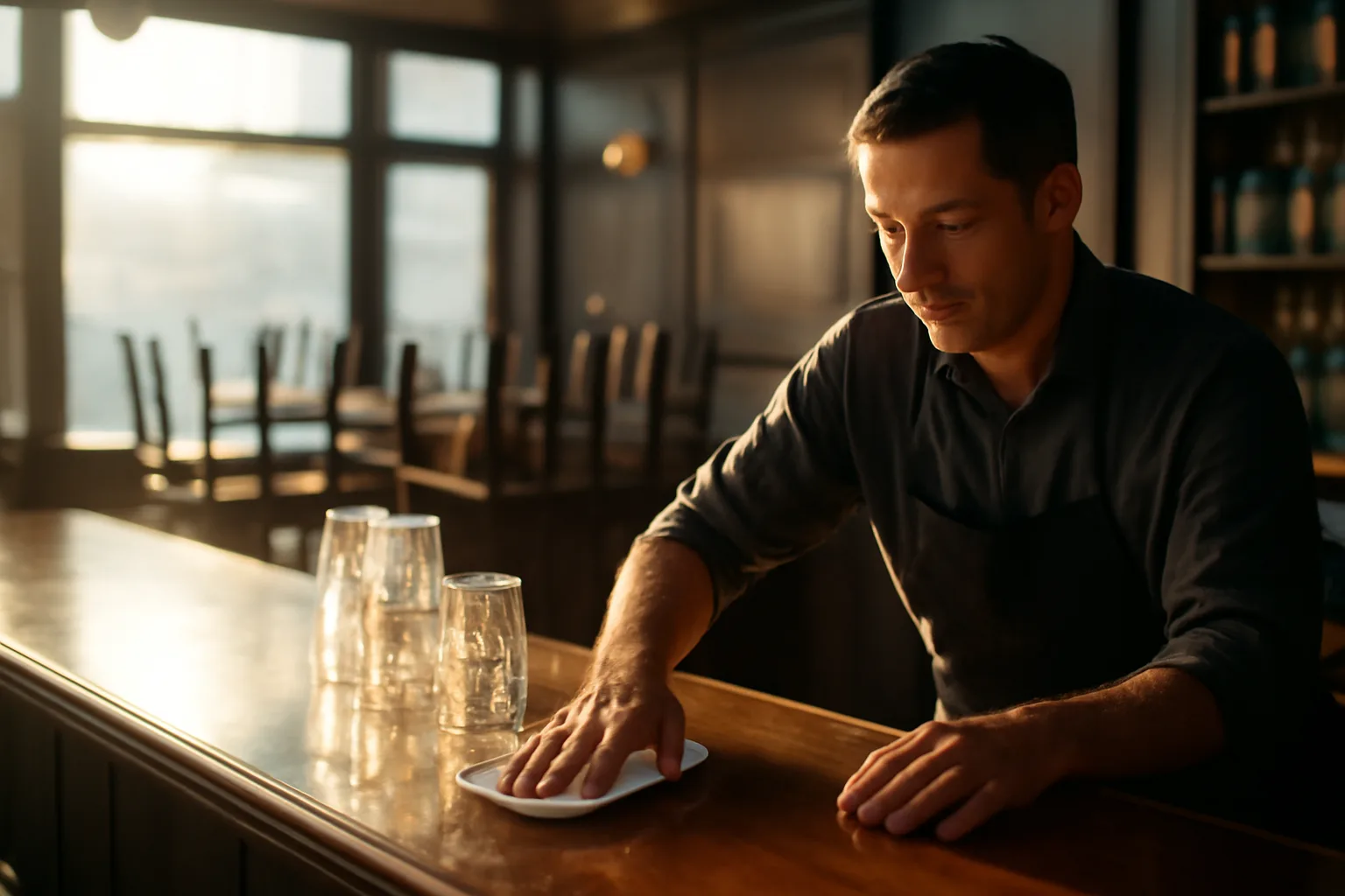 Bartender preparing a bar counter before opening while awaiting liquor license approval