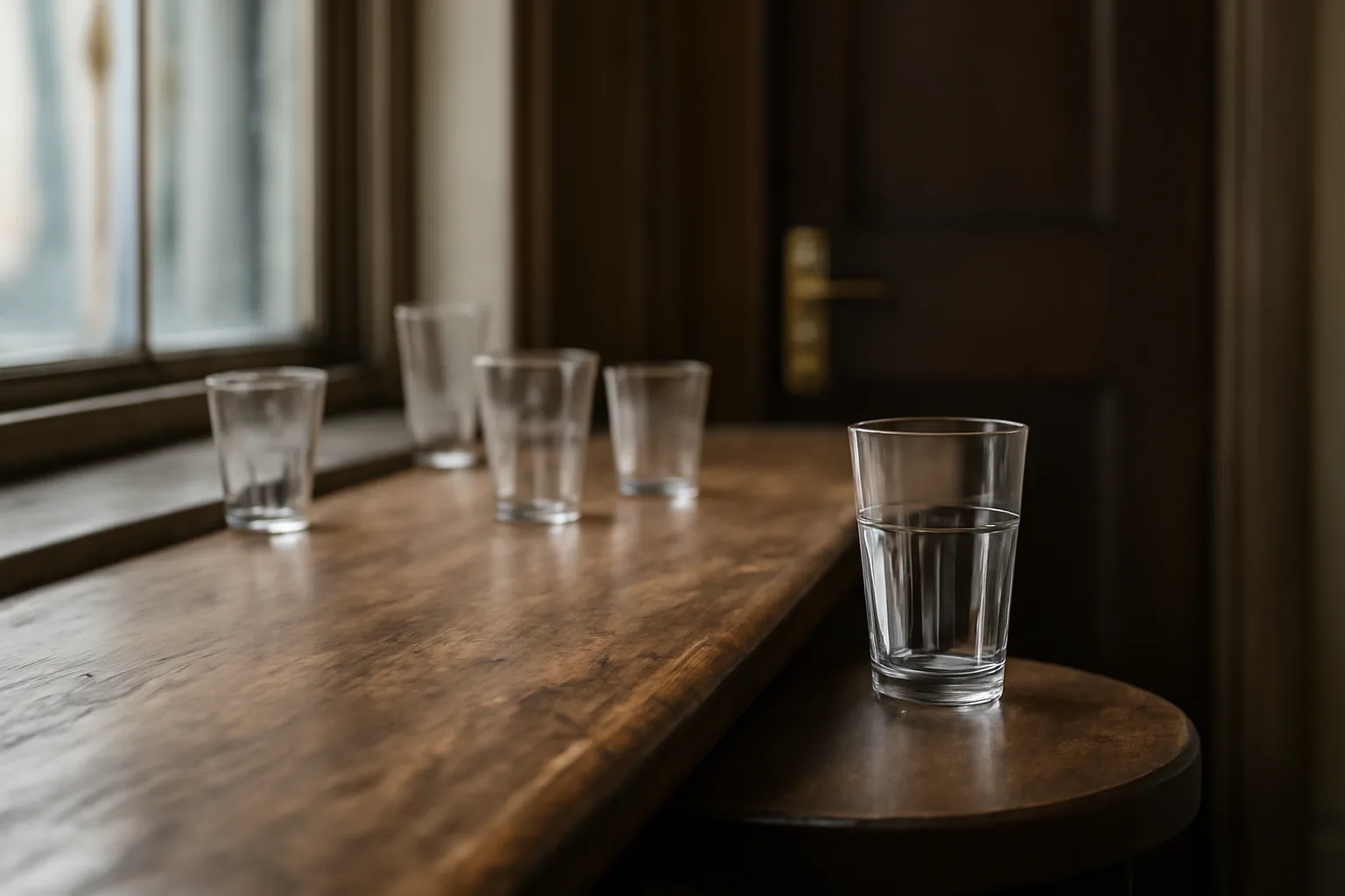 Empty bar counter with morning light, symbolizing the wait for liquor license approval