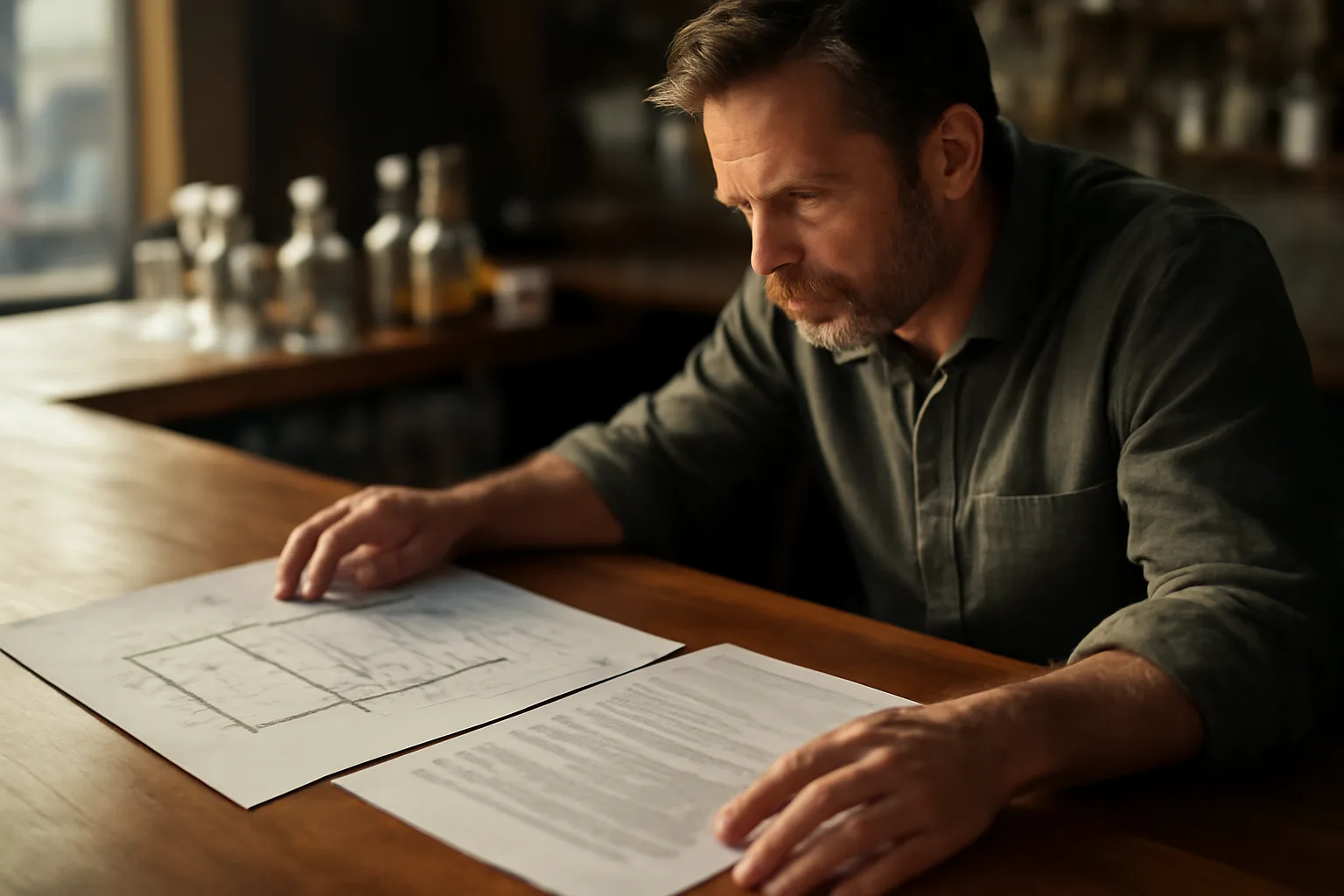 Restaurant owner reviewing floor plan documents at a bar counter while planning a liquor license application