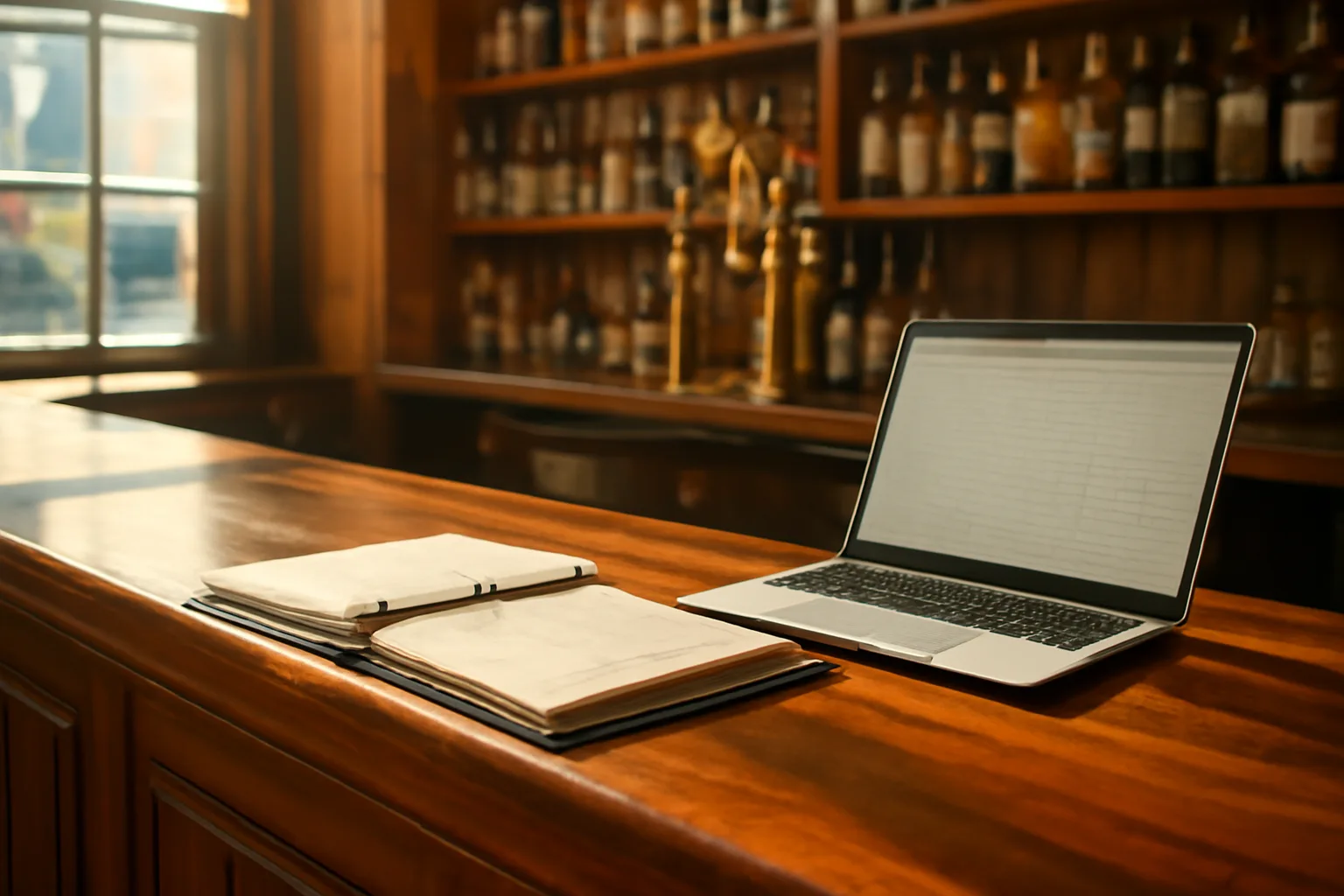 Bar counter with paperwork and laptop during a liquor license search review