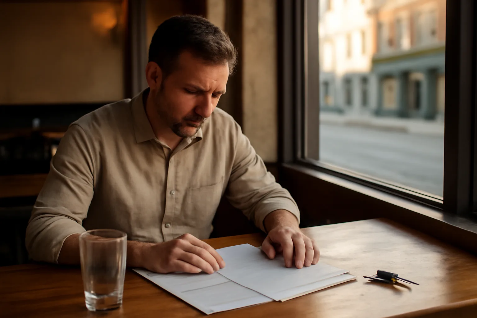 Restaurant owner reviewing documents at a bar counter while working to obtain an alcohol license