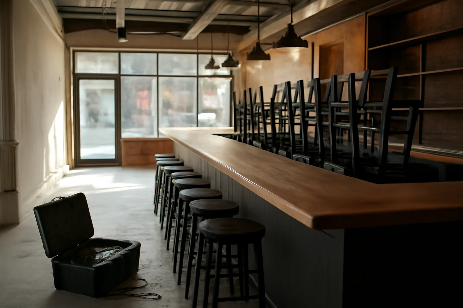 Empty restaurant bar under construction during liquor license application process