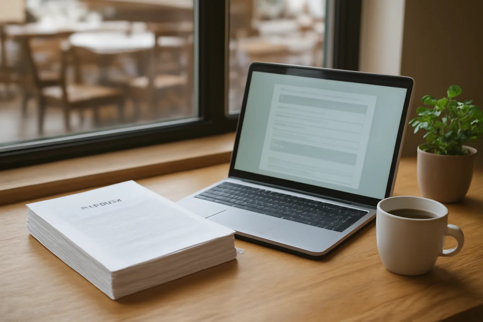 Restaurant owner's desk with paperwork and laptop during an online ABC license application