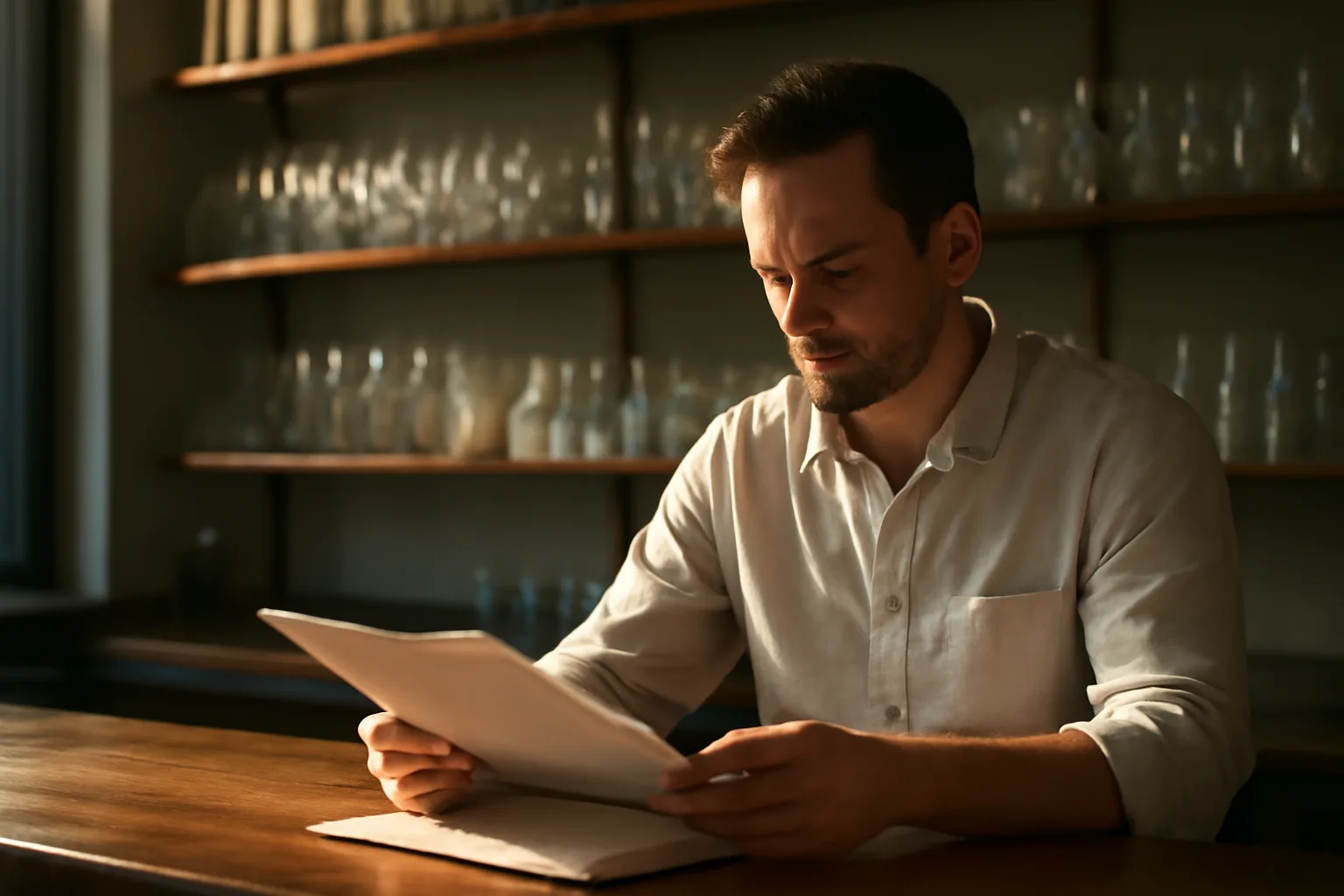 Restaurant owner reviewing renewal paperwork at an empty bar counter
