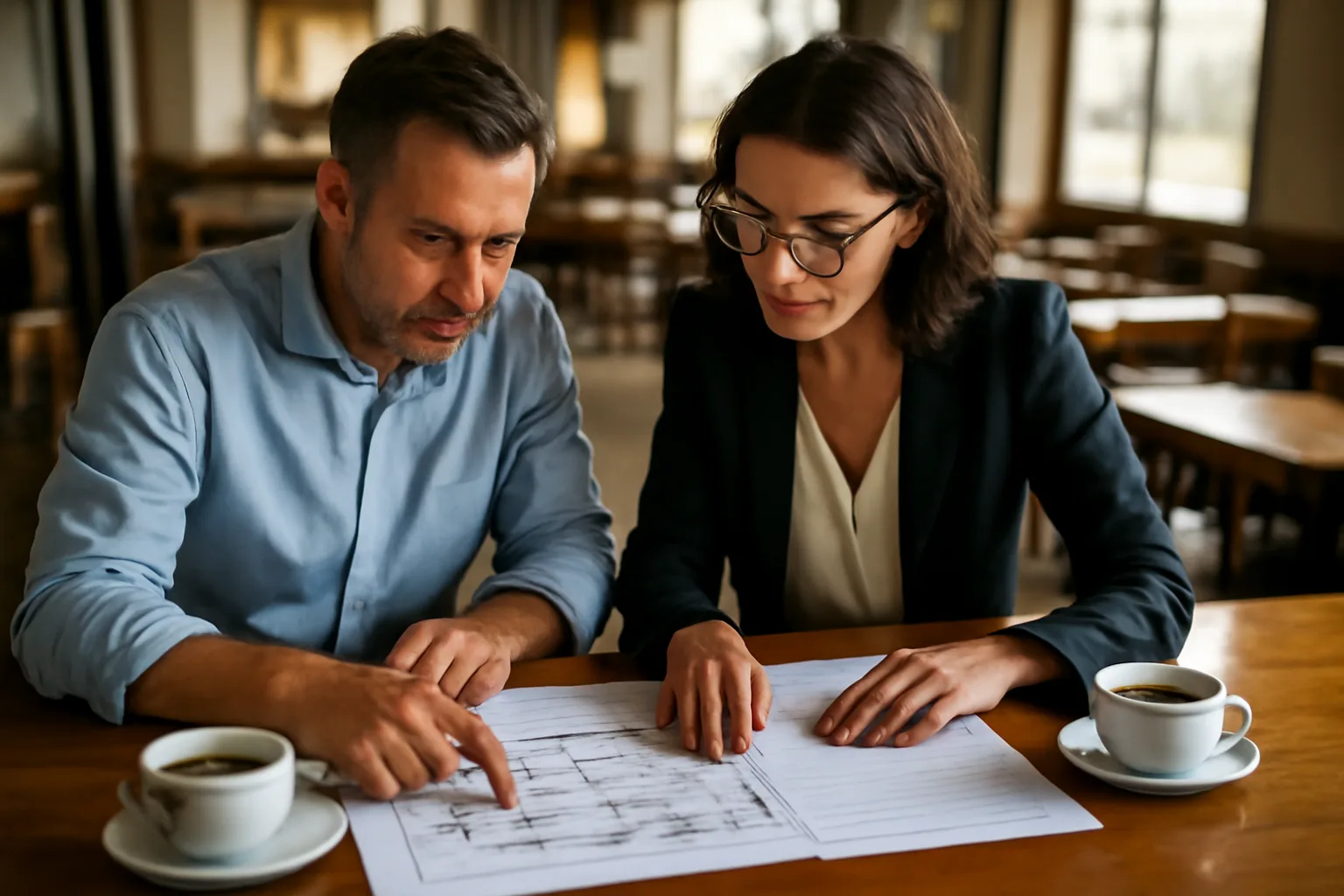 Restaurant owner and attorney reviewing documents at a bar counter before opening