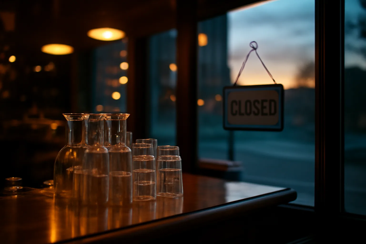 Empty restaurant bar interior seen through window before liquor license approval and opening