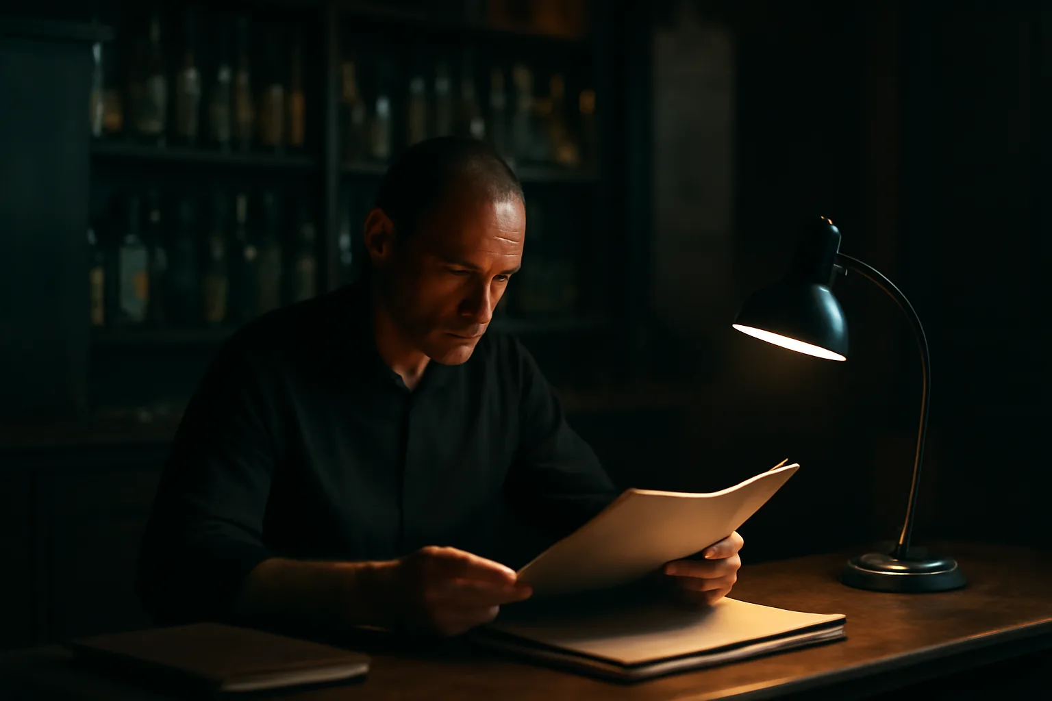 Bar manager reviewing compliance paperwork at a desk after closing, related to ABC fines