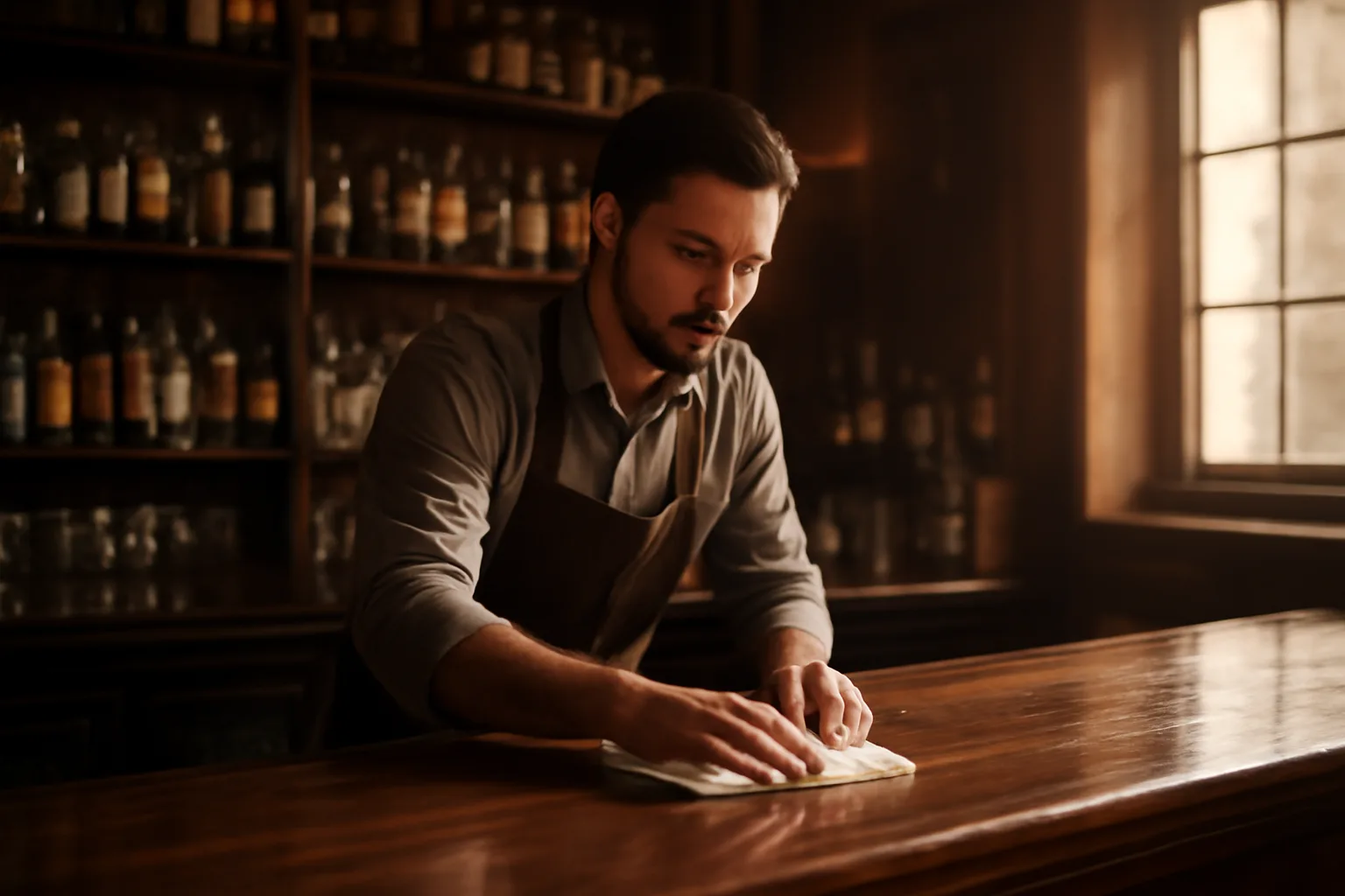 Bartender preparing a restaurant bar before opening, relevant to alcohol handlers license training
