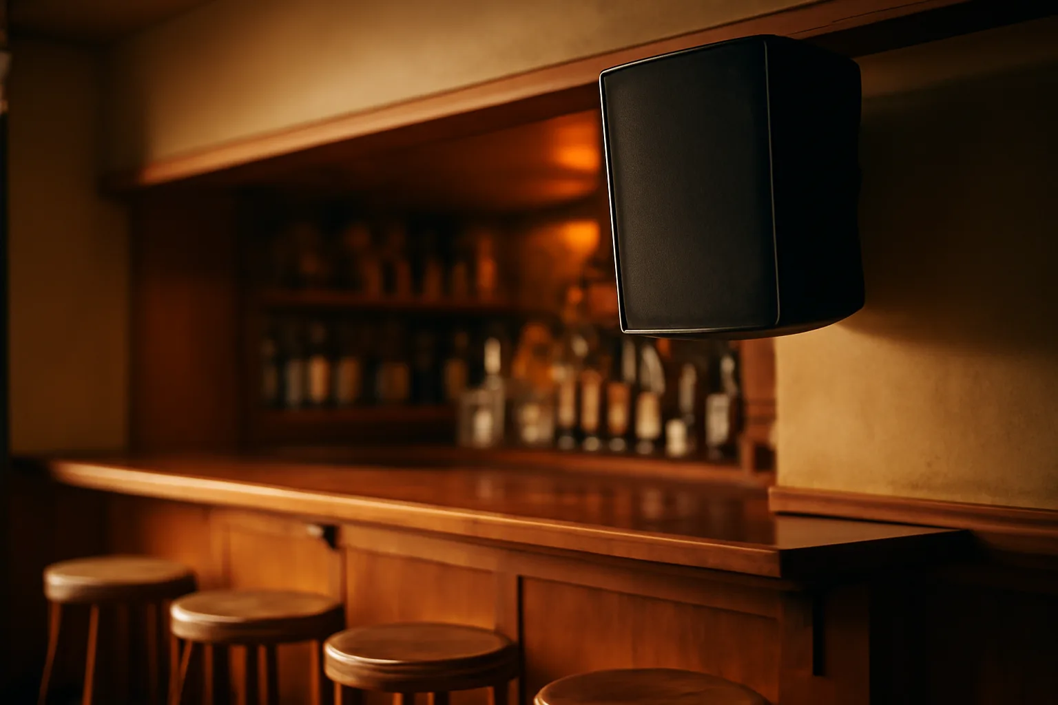 Overhead speaker in a dim neighborhood bar illustrating ASCAP music licensing for bars