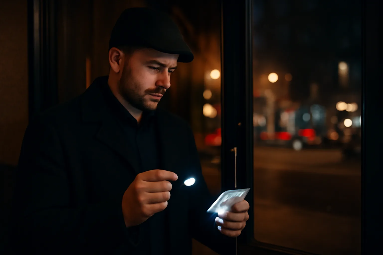Bar doorperson checking a customer's ID card at night entrance