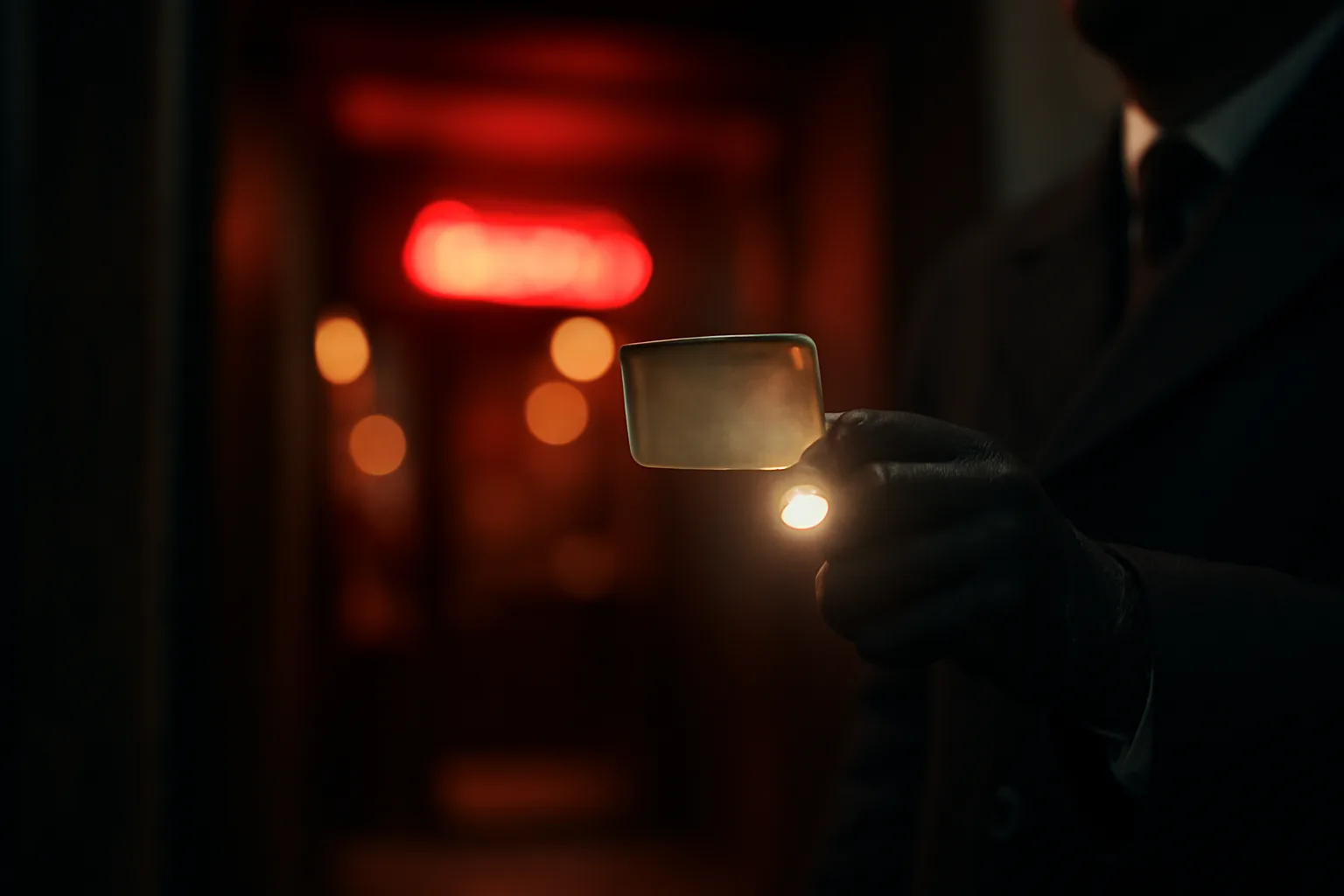 Bouncer checking a worn driver's license under flashlight at a bar entrance
