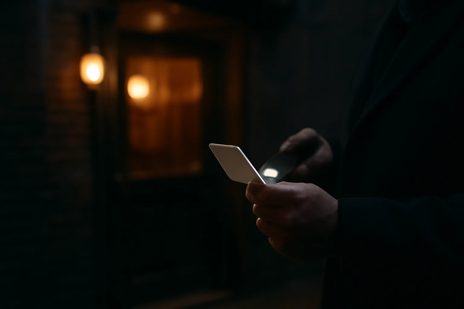 Bouncer checking a customer's ID with a flashlight at a bar entrance at night