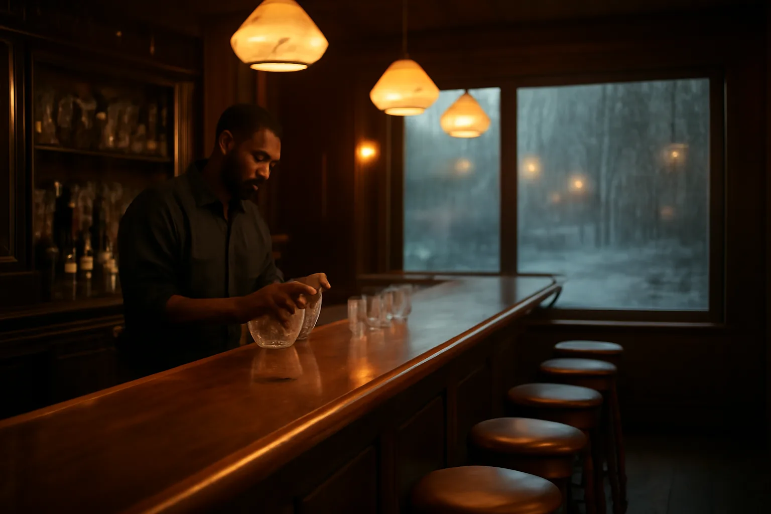Bartender closing up an empty bar at night, related to liquor license and DUI risk