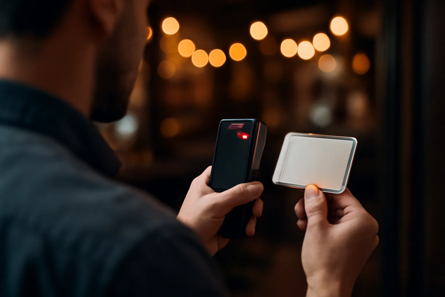 Bartender scanning a driver's license bar code at a bar entrance at night