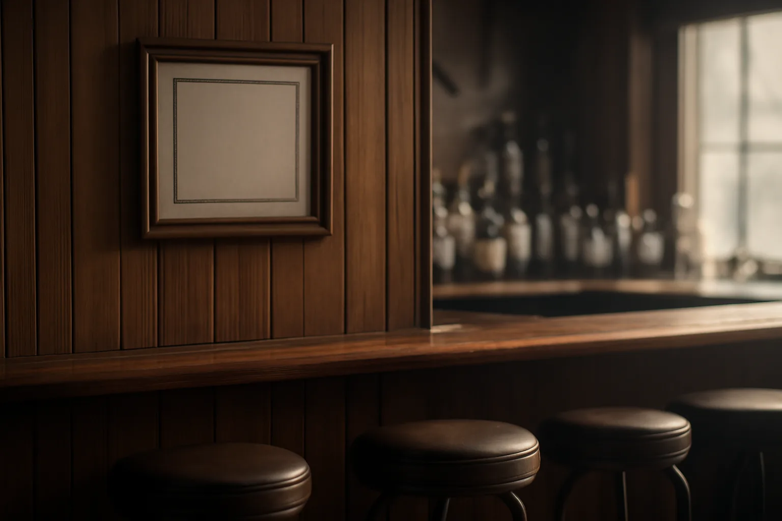 Framed liquor license certificate posted on the wall behind an empty bar counter