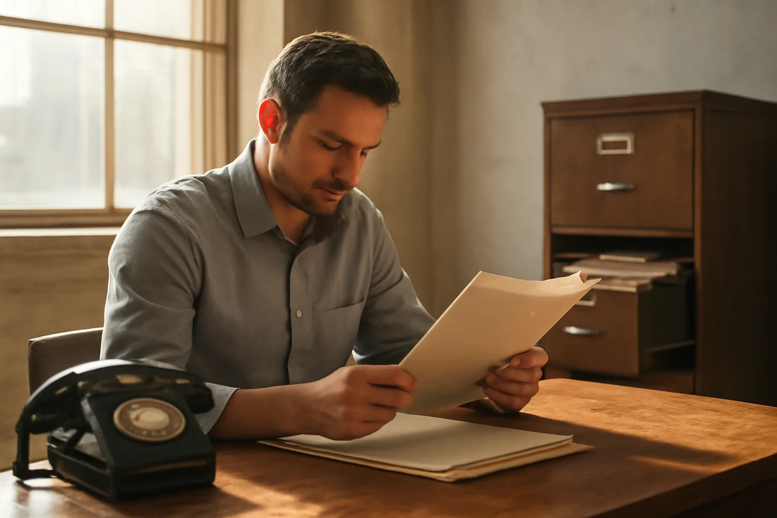 Business owner reviewing paperwork while requesting a copy of a liquor license