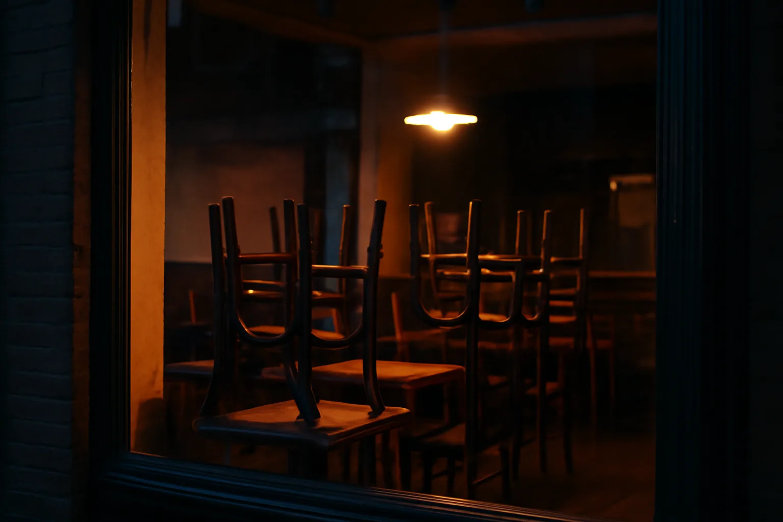 Empty closed bar seen through window, chairs stacked, evoking a liquor license revoked