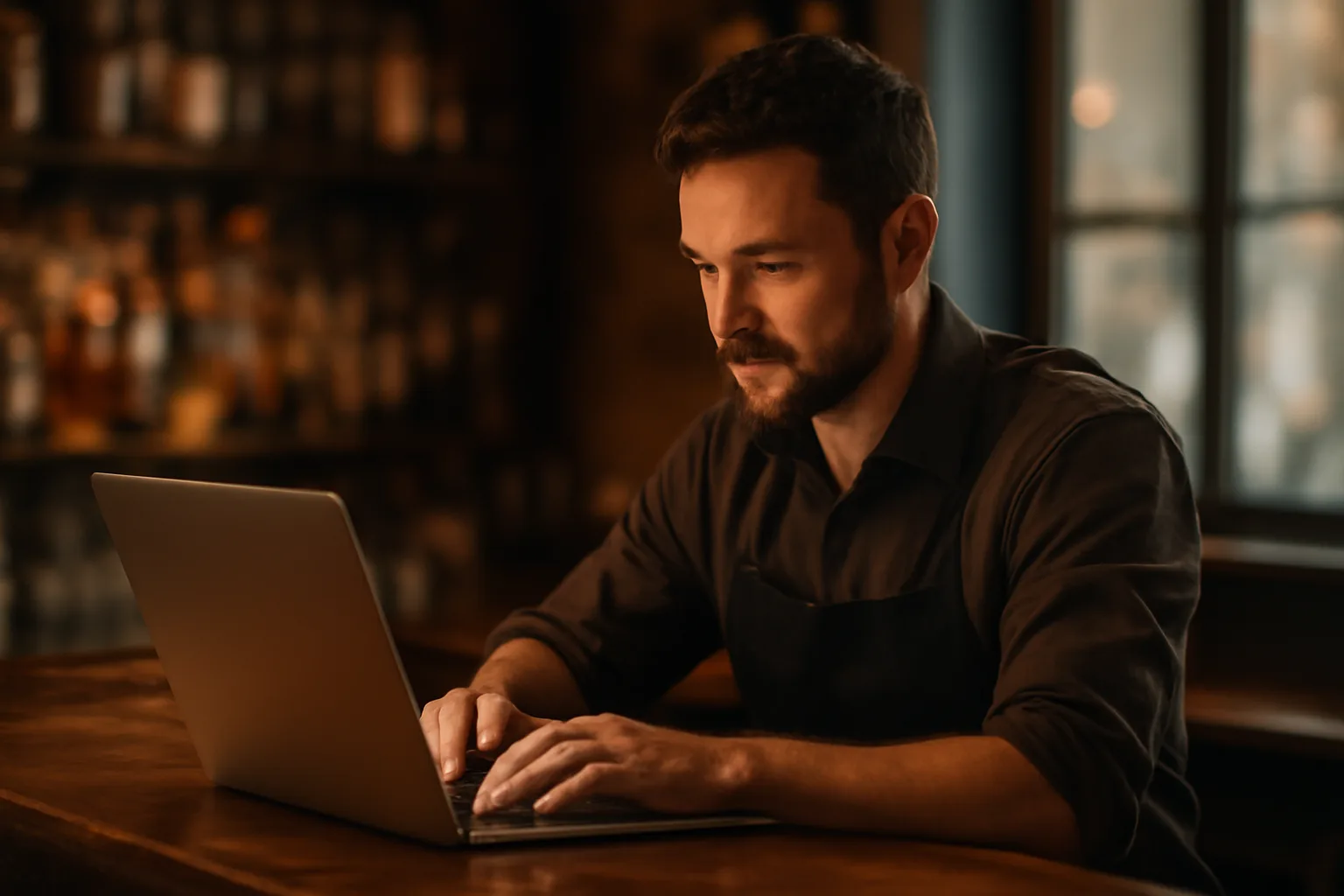 Bartender completing online TABC certification training course at a bar counter