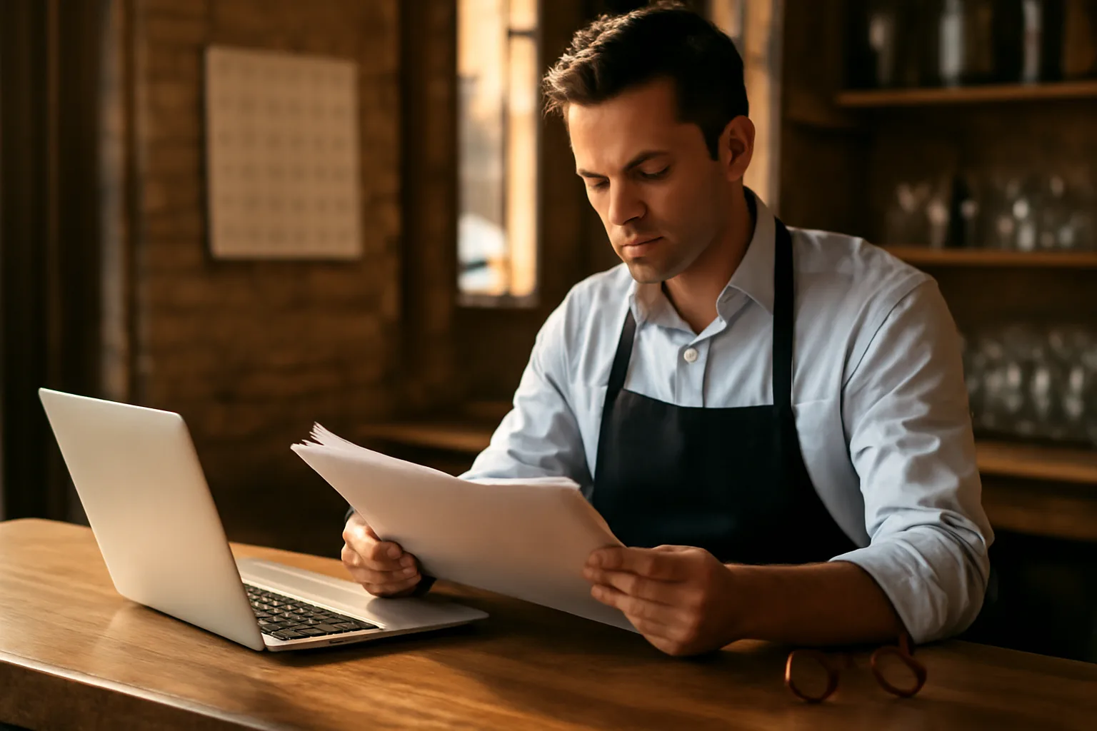 Restaurant manager reviewing renewal paperwork at a bar counter
