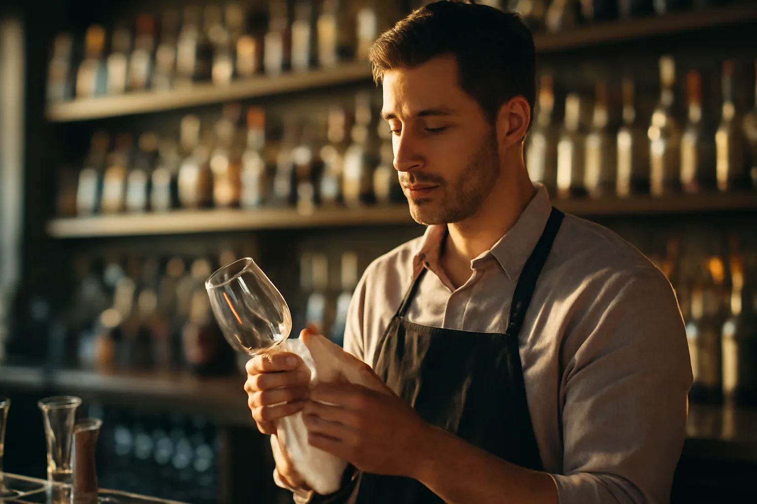 Bartender preparing drinks at a restaurant bar during golden hour light