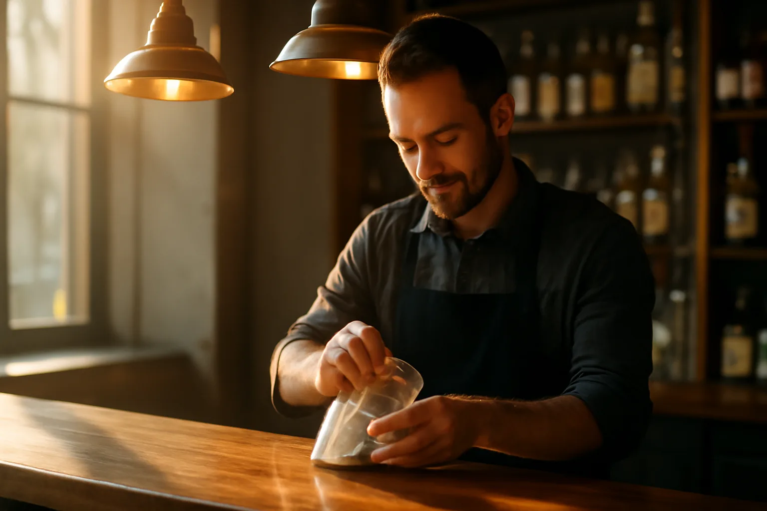 Bartender wiping a glass behind a bar counter during late afternoon light