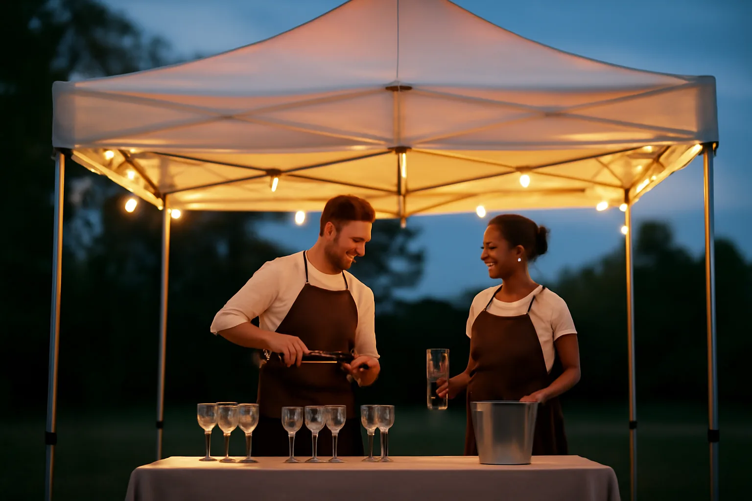 Caterers preparing drinks under an event tent at dusk for a one-day licensed event