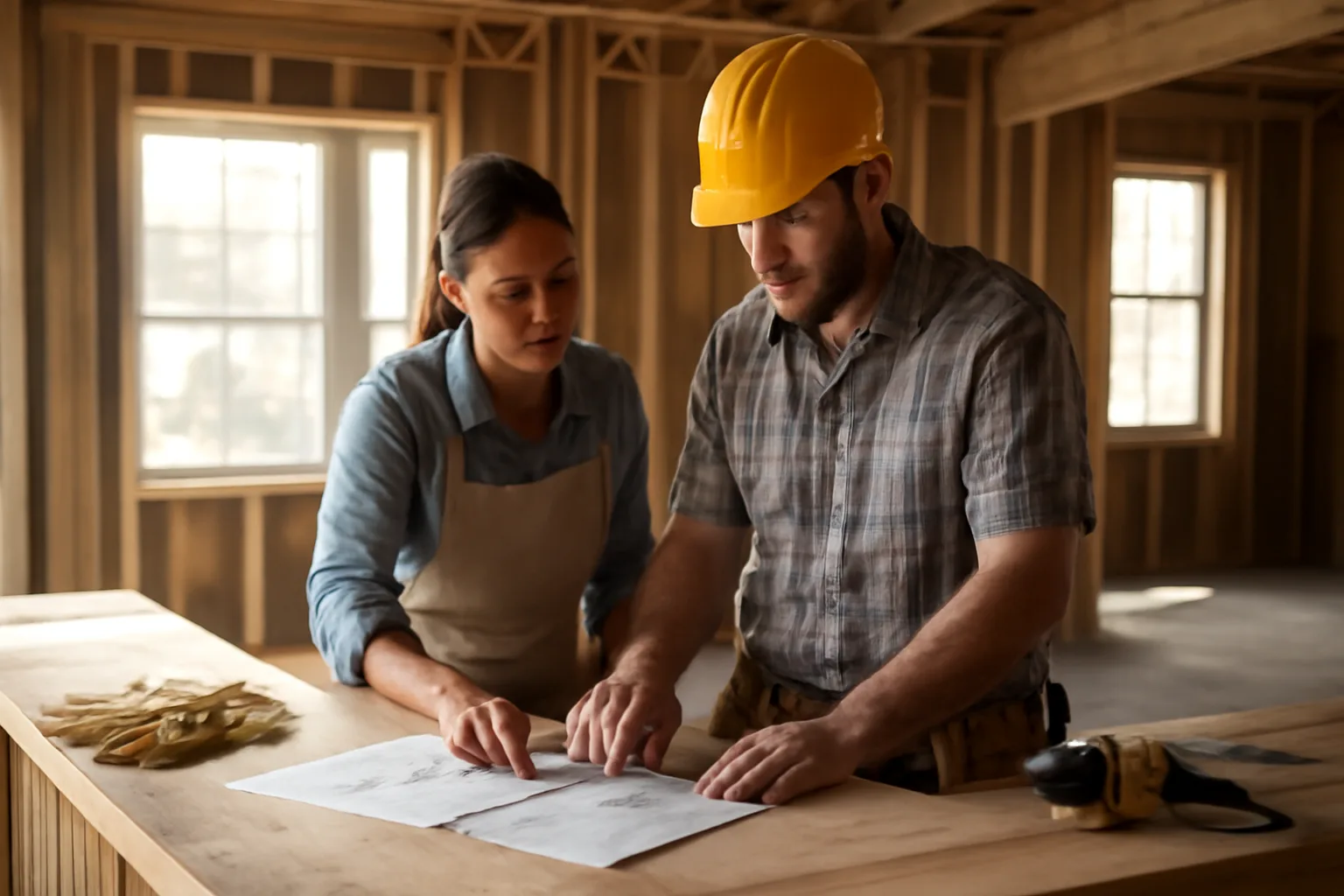 restaurant owner and contractor reviewing documents at an unfinished bar, illustrating liquor license cost planning